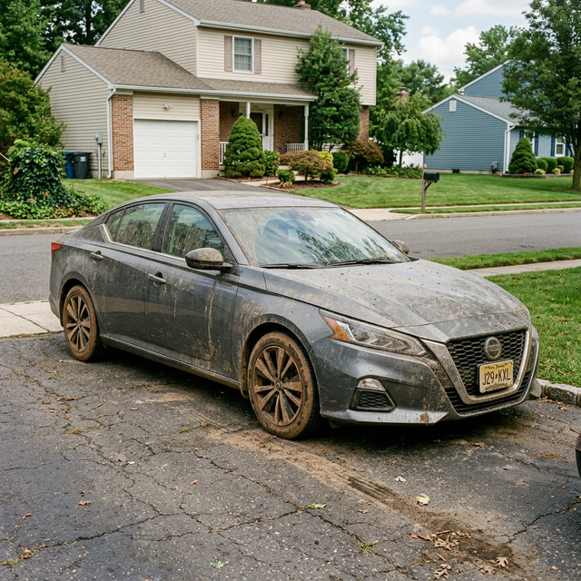 Dirty gray sedan before mobile auto detailing service