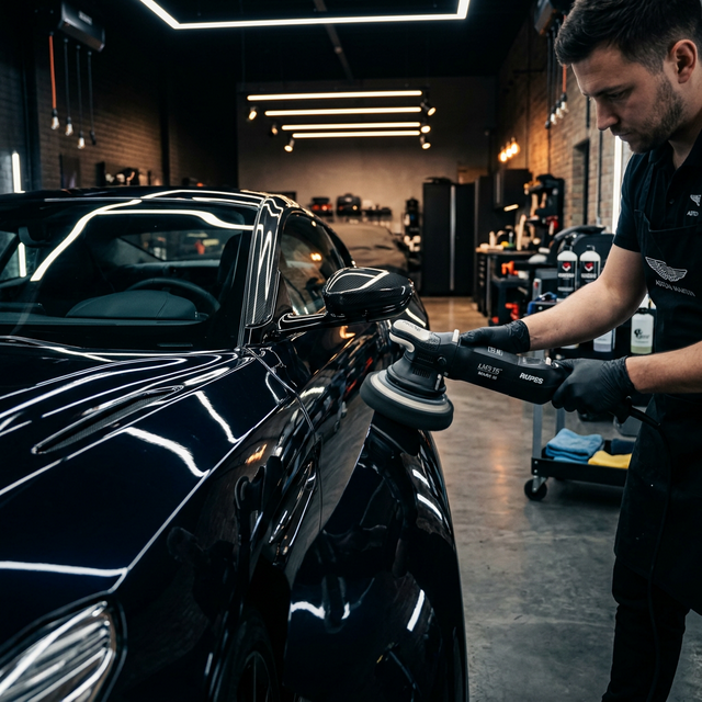 Full restoration detailing service showing flawless mirror-like paint reflection