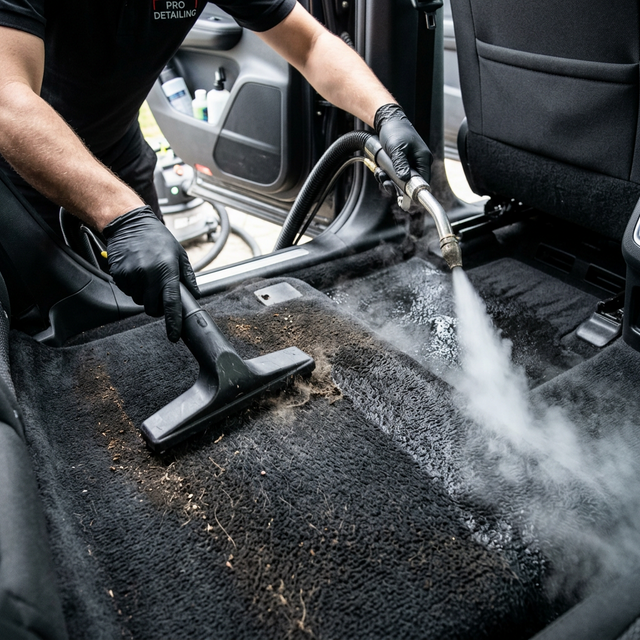 Deep carpet extraction and shampooing process during auto interior detailing