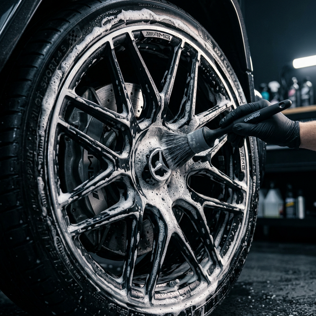 Cleaning luxury car wheels with thick foam and specialized detailing brushes