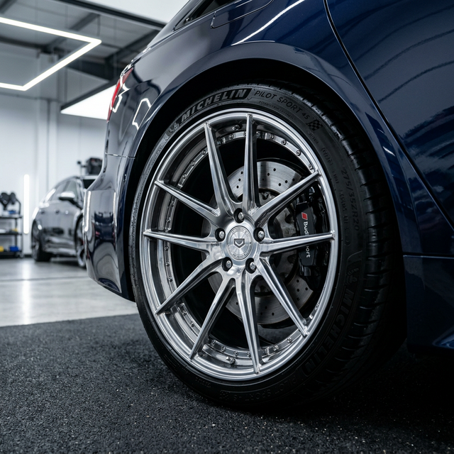 Perfectly cleaned car wheel and rim after professional detailing