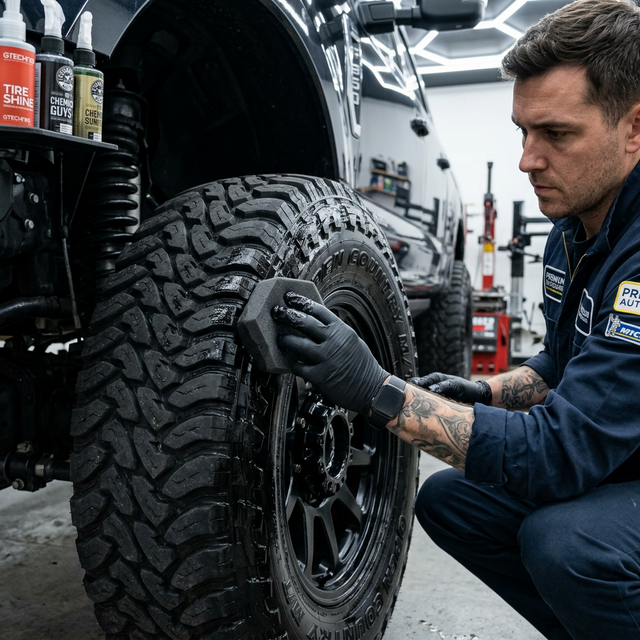 Applying high-gloss tire shine dressing to vehicle tires