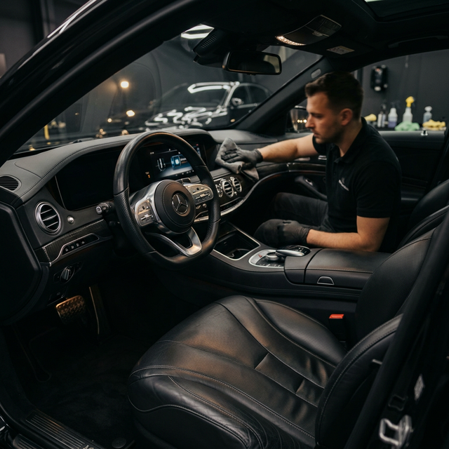 Deep interior auto detailing service showing clean leather seats and dashboard